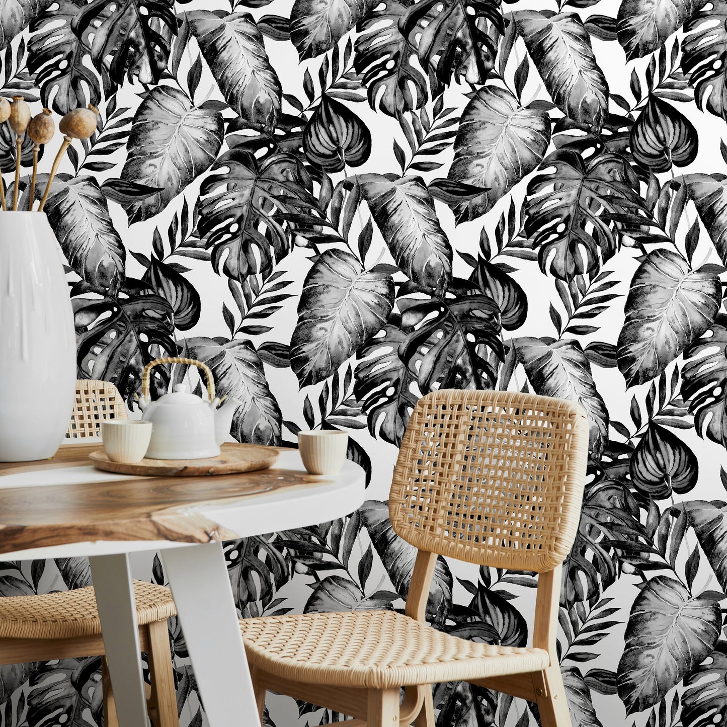 Wallpaper Peel and Stick Wallpaper Removable Wallpaper Home Decor Wall Art Wall Decor Room Decor / Black and White Monstera Wallpaper -B655