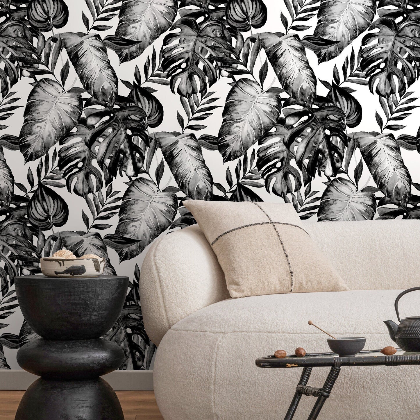 Wallpaper Peel and Stick Wallpaper Removable Wallpaper Home Decor Wall Art Wall Decor Room Decor / Black and White Monstera Wallpaper -B655