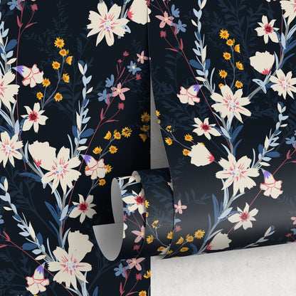 Wallpaper Peel and Stick Wallpaper Removable Wallpaper Home Decor Wall Art Wall Decor Room Decor / Dark Floral Blue Wallpaper - D965