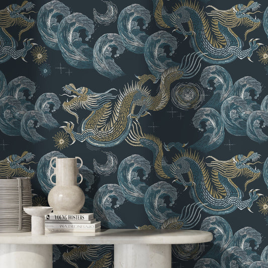 Blue Chinoiserie Wallpaper Vintage Dragon Wallpaper Peel and Stick and Traditional Wallpaper - D876