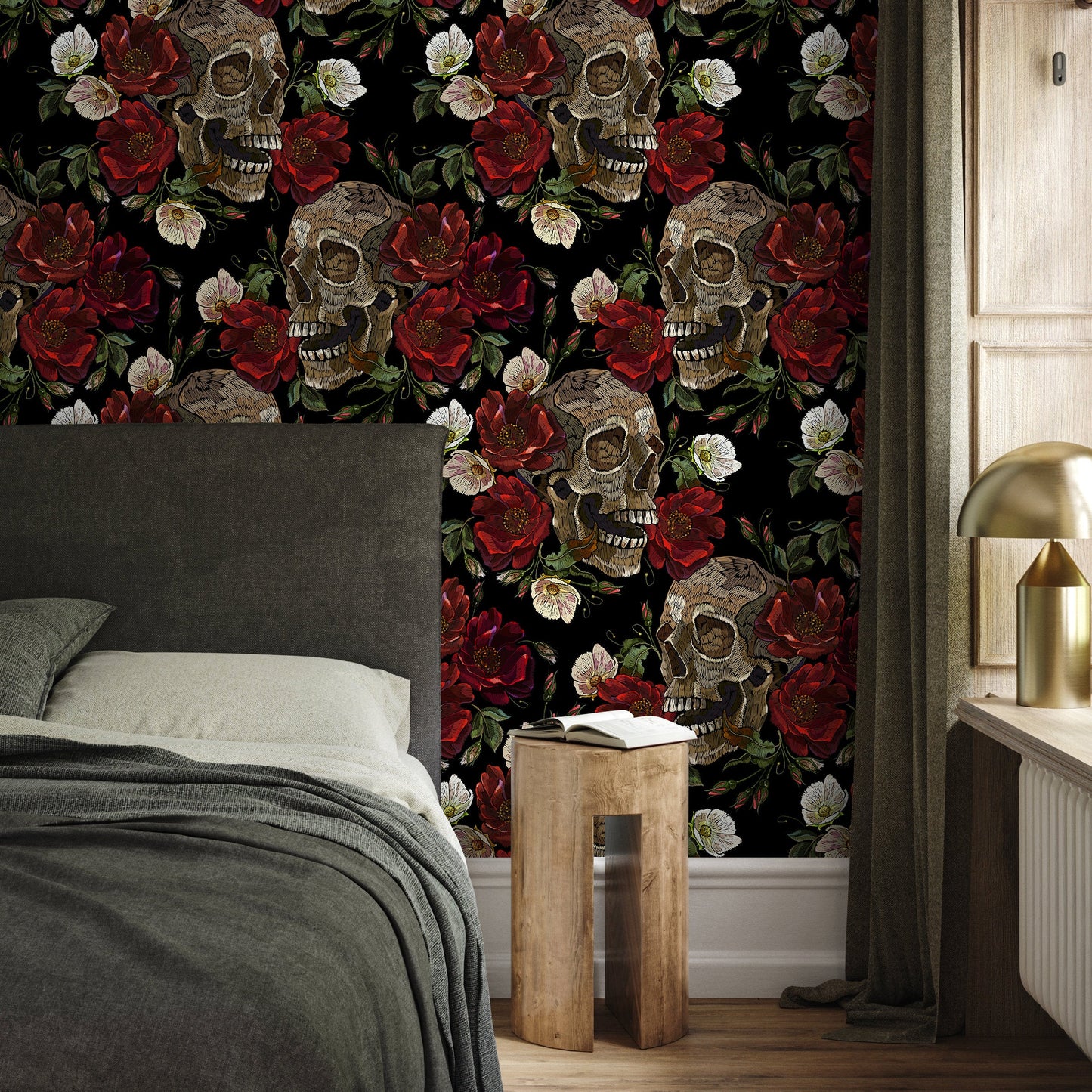 Dark Floral and Skull Wallpaper Maximalist Wallpaper Peel and Stick and Traditional Wallpaper - D905