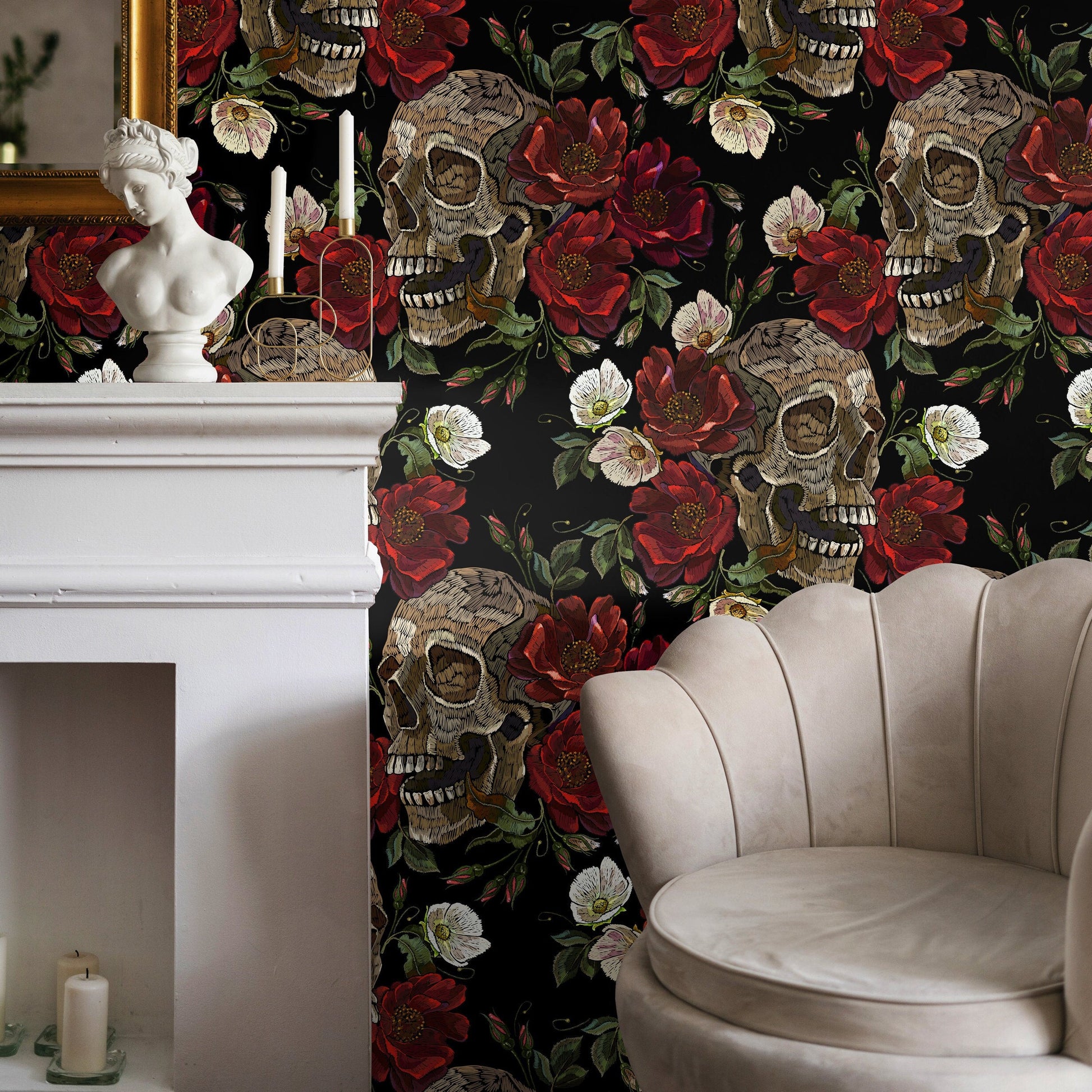 Dark Floral and Skull Wallpaper Maximalist Wallpaper Peel and Stick and Traditional Wallpaper - D905