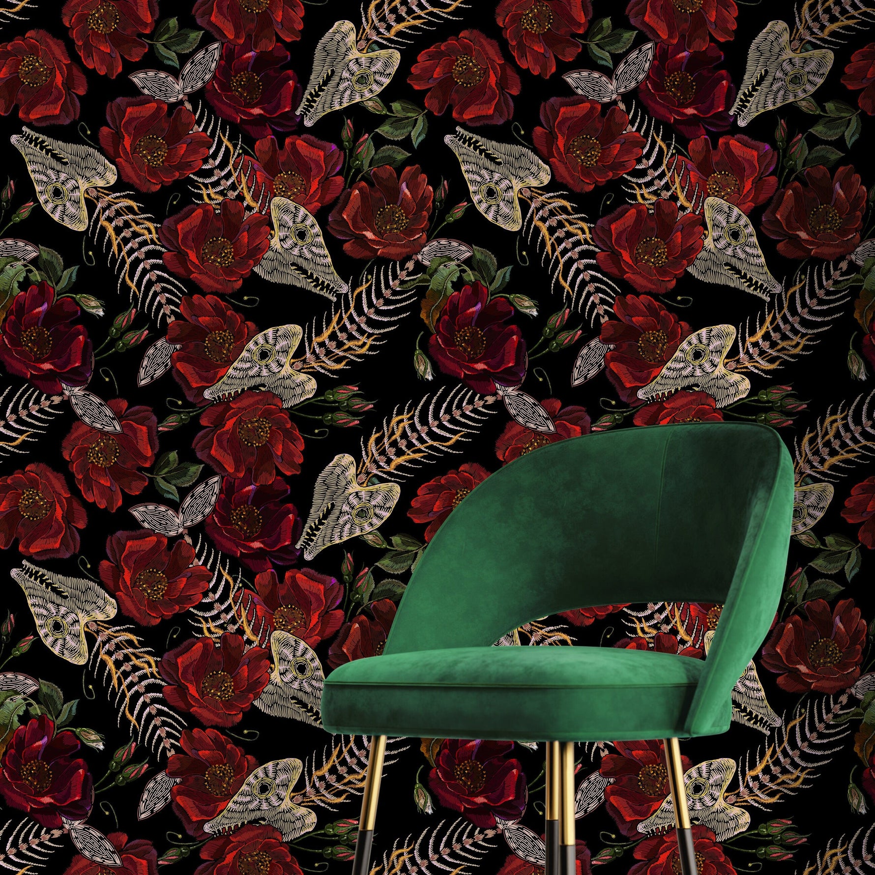 Dark Floral Wallpaper Fish Skeleton Wallpaper Peel and Stick and Traditional Wallpaper - D912
