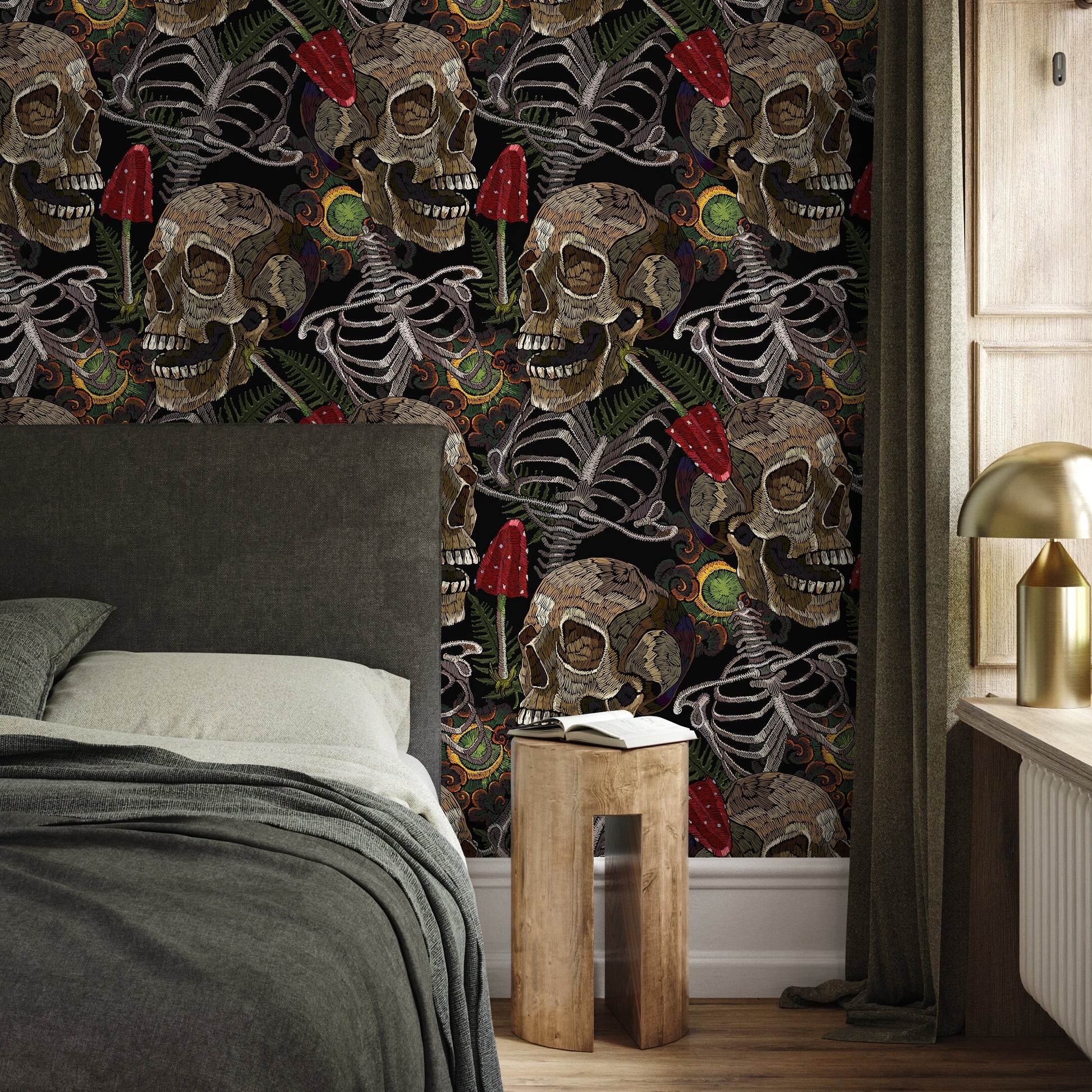 Fern and Skull Wallpaper Peel and Stick and Traditional Wallpaper - D917