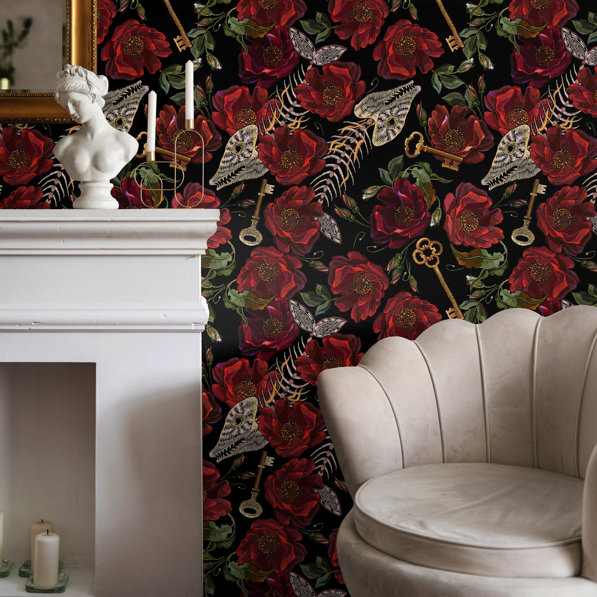 Dark Floral Wallpaper Gothic Maximalist Wallpaper Peel and Stick and Traditional Wallpaper - D918