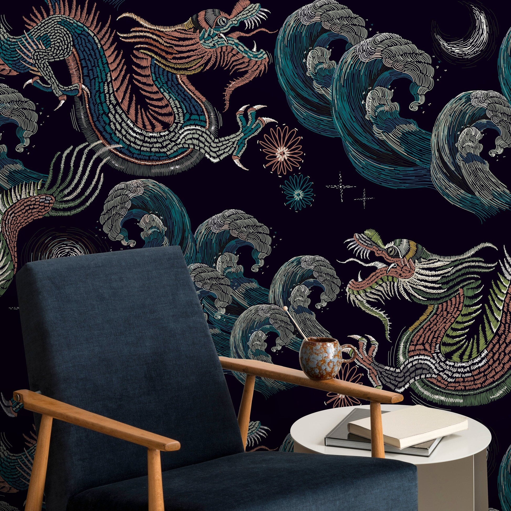Celestial Chinoiserie Wallpaper Vintage Dragon Wallpaper Peel and Stick and Traditional Wallpaper - D878