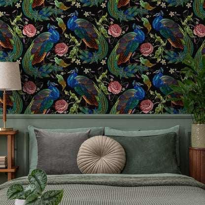 Peacock Wallpaper Dark Floral Wallpaper Peel and Stick and Traditional Wallpaper - D882