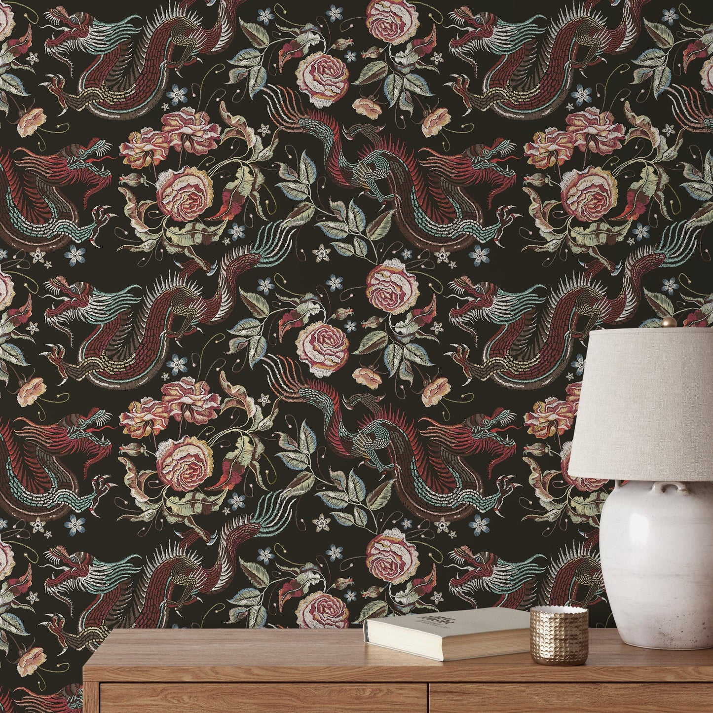 Dragon and Roses Wallpaper Chinoiserie Wallpaper Peel and Stick and Traditional Wallpaper - D880