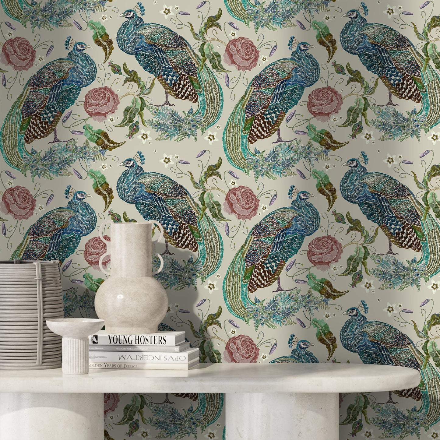 Peacock Wallpaper Vintage Floral Wallpaper Peel and Stick and Traditional Wallpaper - D883