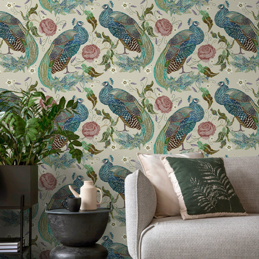 Peacock Wallpaper Vintage Floral Wallpaper Peel and Stick and Traditional Wallpaper - D883
