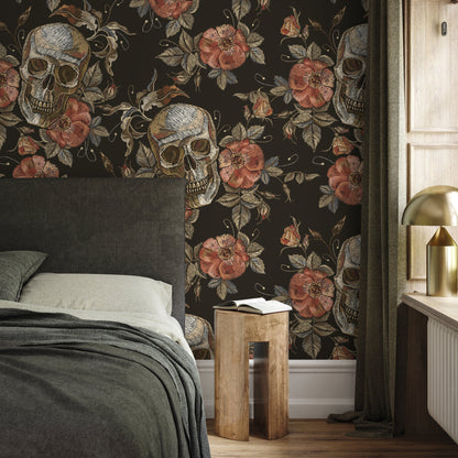 Large Skull Wallpaper Dark Roses Wallpaper Peel and Stick and Traditional Wallpaper - D890