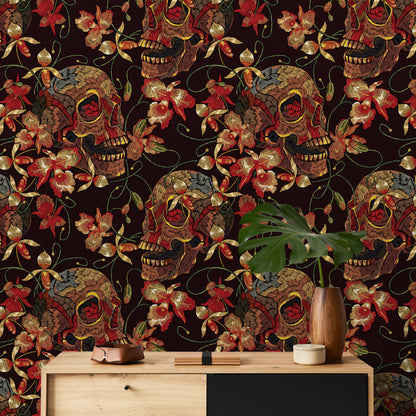 Floral Skull Wallpaper Red and Black Wallpaper Peel and Stick and Traditional Wallpaper - D896