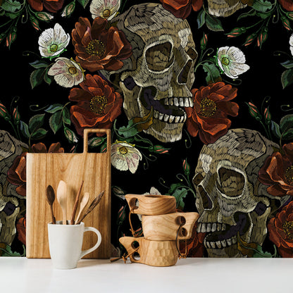 Gothic Floral and Skulls Wallpaper Maximalist Wallpaper Peel and Stick and Traditional Wallpaper - D906