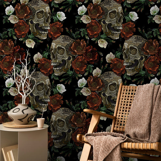 Gothic Floral and Skulls Wallpaper Maximalist Wallpaper Peel and Stick and Traditional Wallpaper - D906