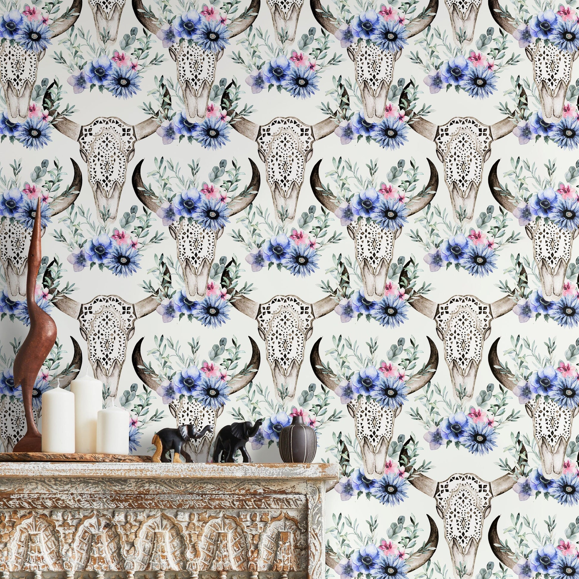 Vintage Floral Wallpaper Goat Skull Wallpaper Peel and Stick and Traditional Wallpaper - D926