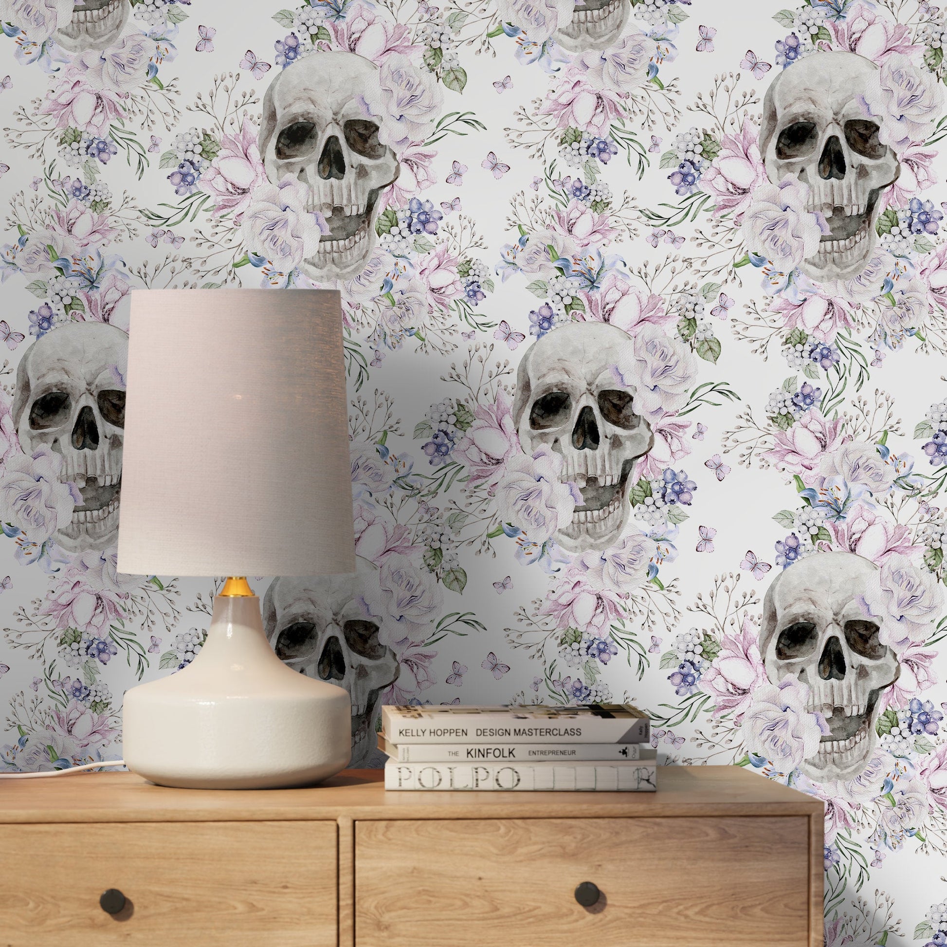 Vintage Floral Wallpaper Light Floral Skull Wallpaper Peel and Stick and Traditional Wallpaper - D930