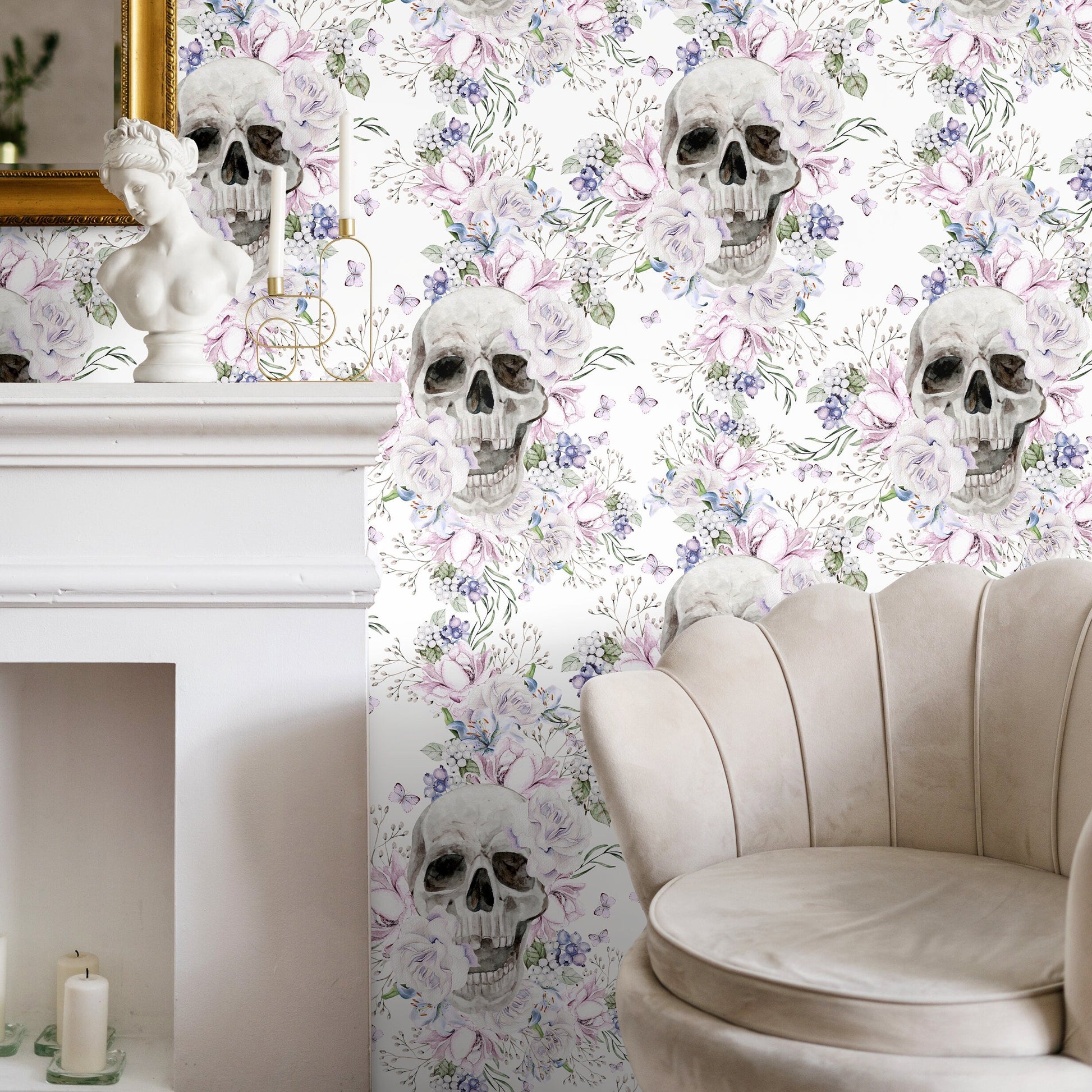 Vintage Floral Wallpaper Light Floral Skull Wallpaper Peel and Stick and Traditional Wallpaper - D930