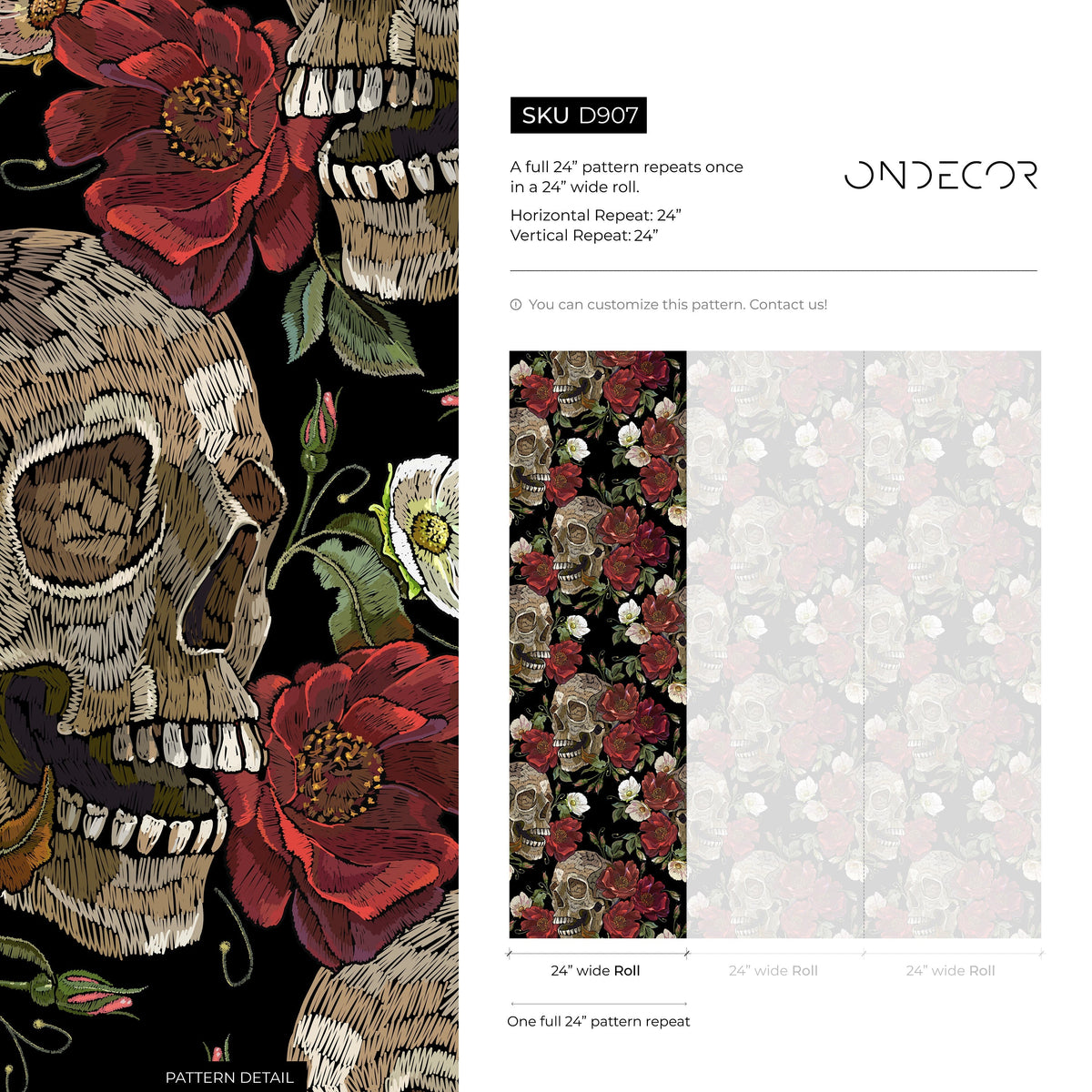 Dark Garden Wallpaper Skulls and Roses Wallpaper Peel and Stick and Traditional Wallpaper - D907