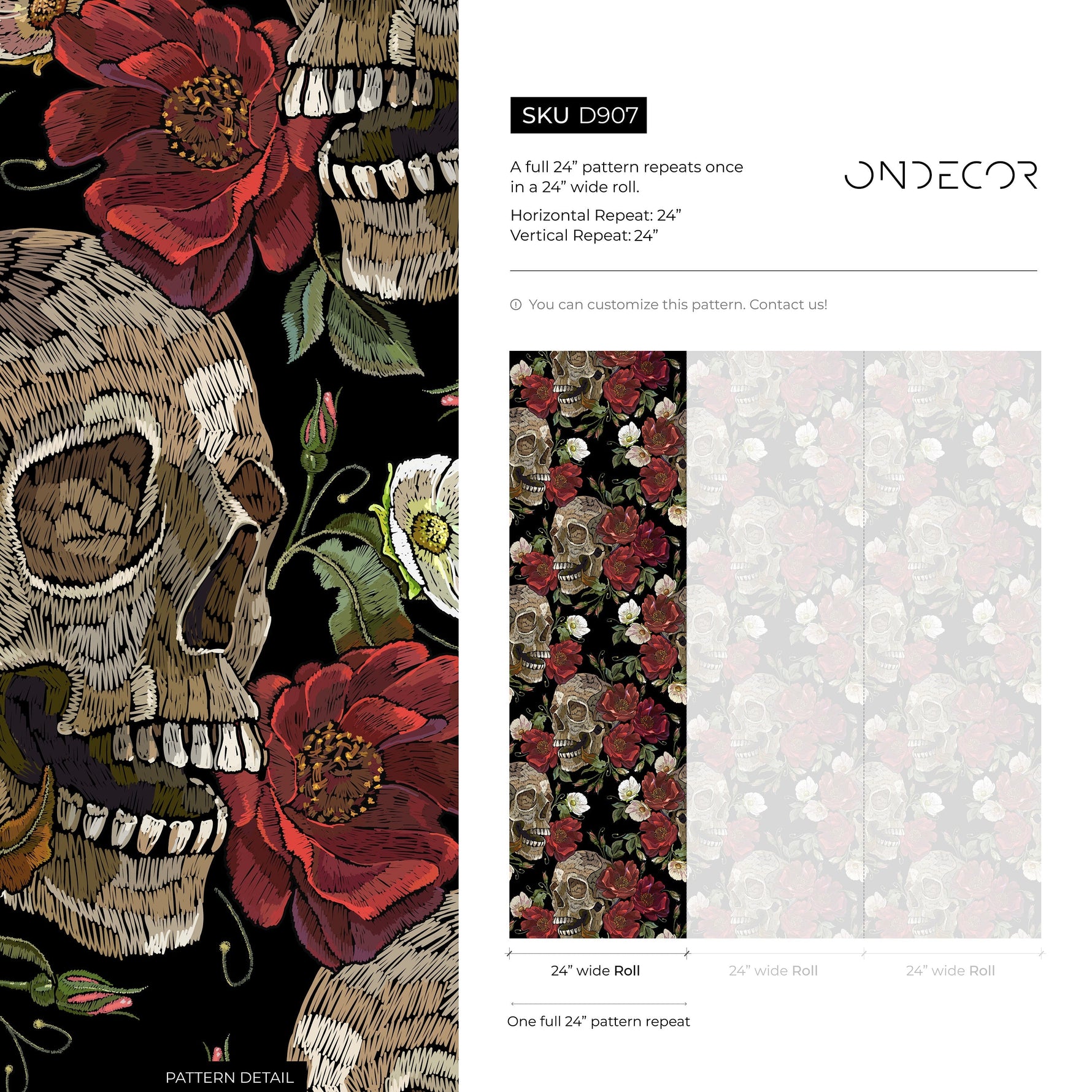 Dark Garden Wallpaper Skulls and Roses Wallpaper Peel and Stick and Traditional Wallpaper - D907