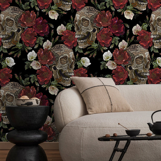 Dark Garden Wallpaper Skulls and Roses Wallpaper Peel and Stick and Traditional Wallpaper - D907