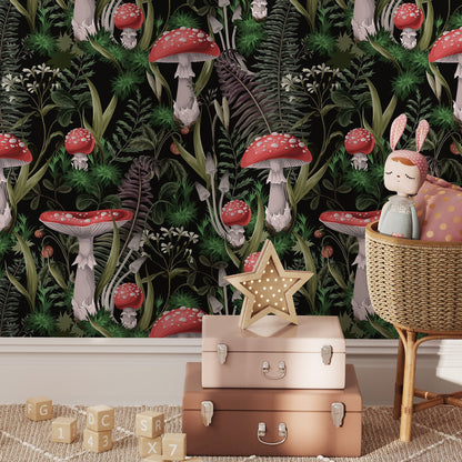 Dark Botanical Wallpaper Fern and Mushroom Wallpaper Peel and Stick and Traditional Wallpaper - D921