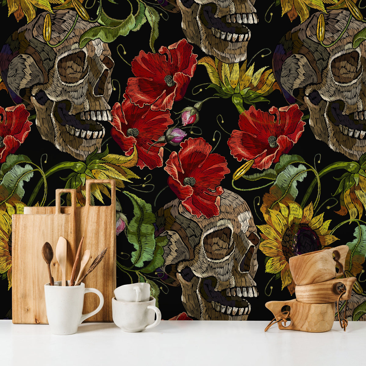 Dark Floral Wallpaper Sunflowers and Skulls Wallpaper Peel and Stick and Traditional Wallpaper - D922