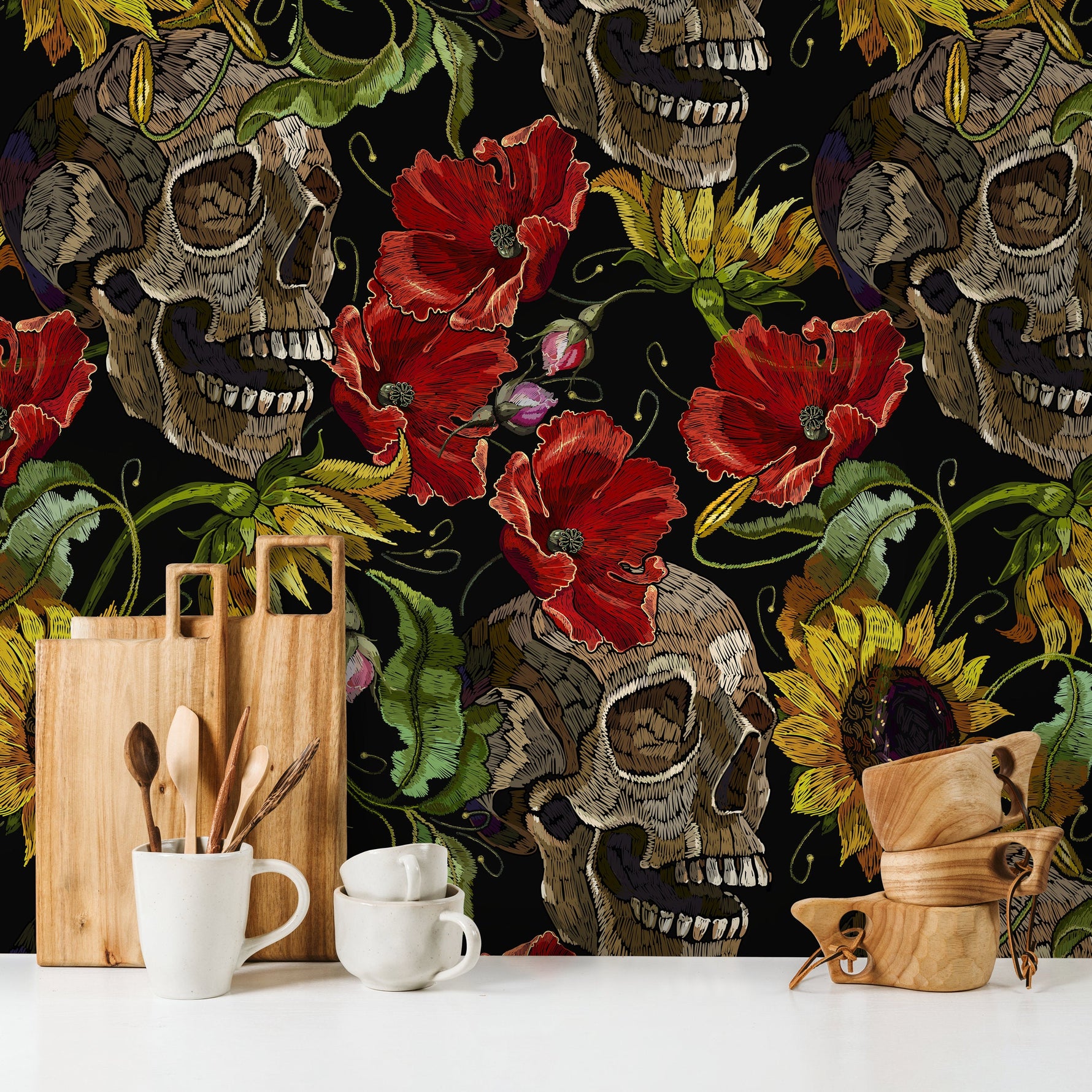 Dark Floral Wallpaper Sunflowers and Skulls Wallpaper Peel and Stick and Traditional Wallpaper - D922