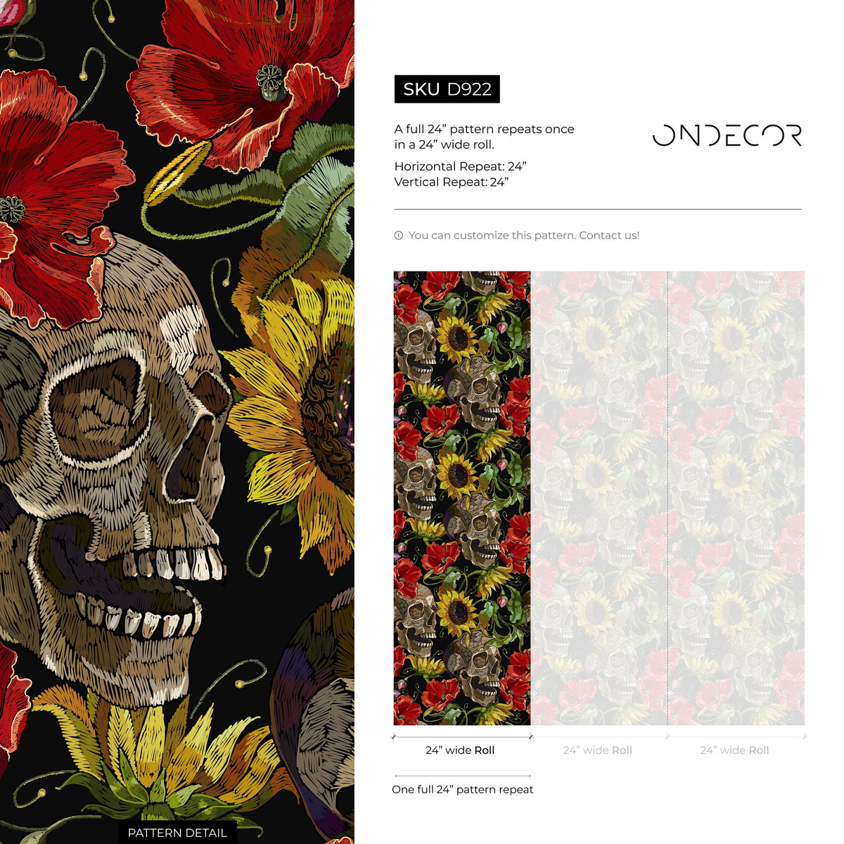 Dark Floral Wallpaper Sunflowers and Skulls Wallpaper Peel and Stick and Traditional Wallpaper - D922