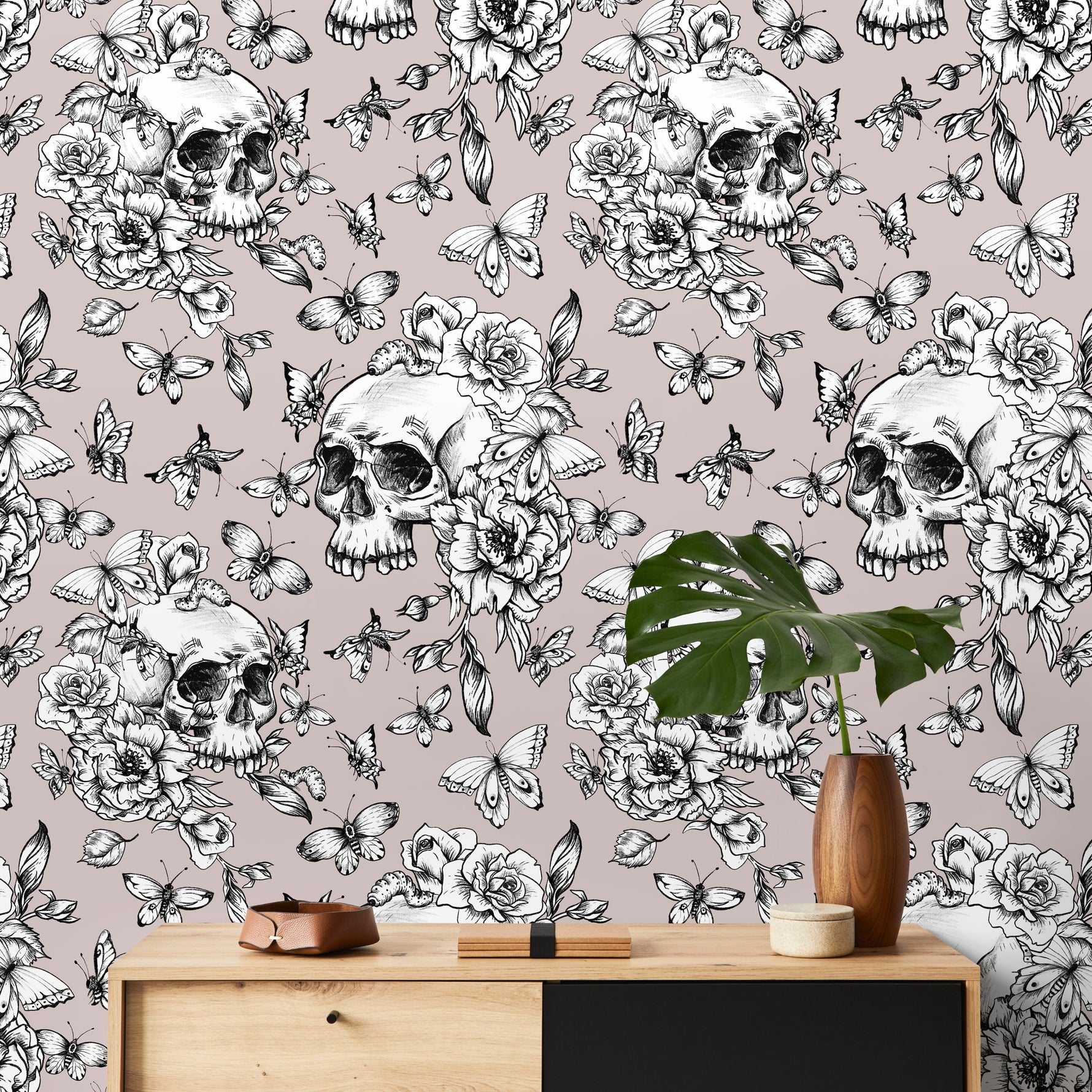 Butterfly and Skull Wallpaper Vintage Floral Wallpaper Peel and Stick and Traditional Wallpaper - D928