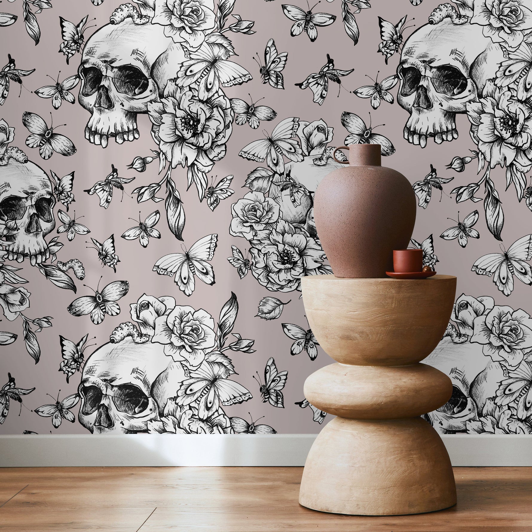 Butterfly and Skull Wallpaper Vintage Floral Wallpaper Peel and Stick and Traditional Wallpaper - D928
