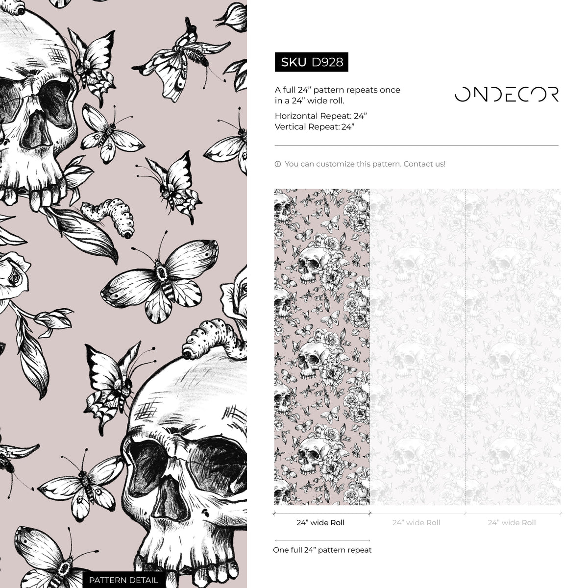 Butterfly and Skull Wallpaper Vintage Floral Wallpaper Peel and Stick and Traditional Wallpaper - D928