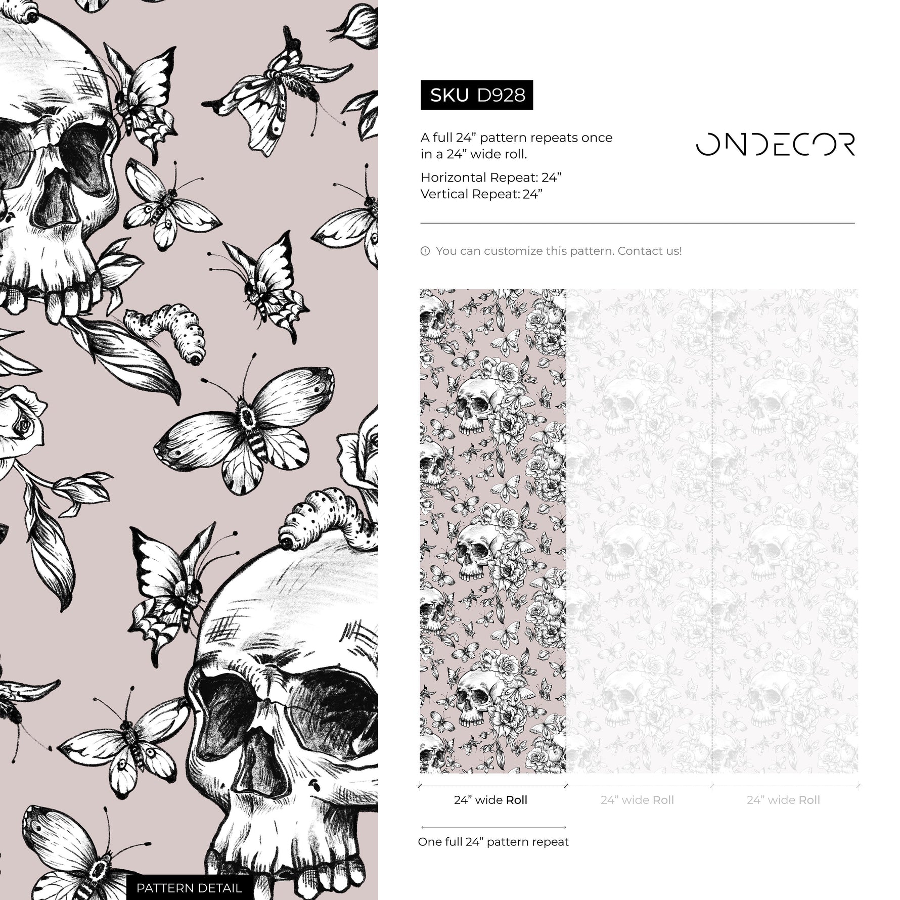 Butterfly and Skull Wallpaper Vintage Floral Wallpaper Peel and Stick and Traditional Wallpaper - D928