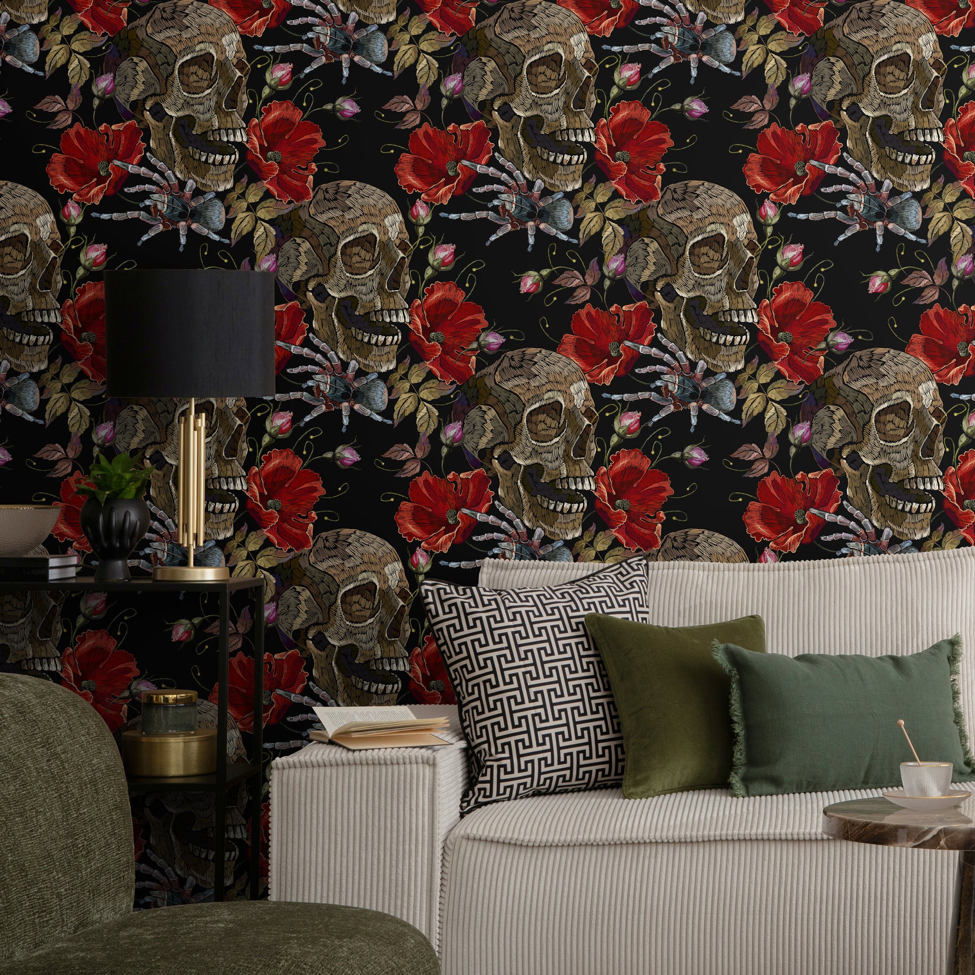 Dark Floral Wallpaper Spider and Skull Wallpaper Peel and Stick and Traditional Wallpaper - D916