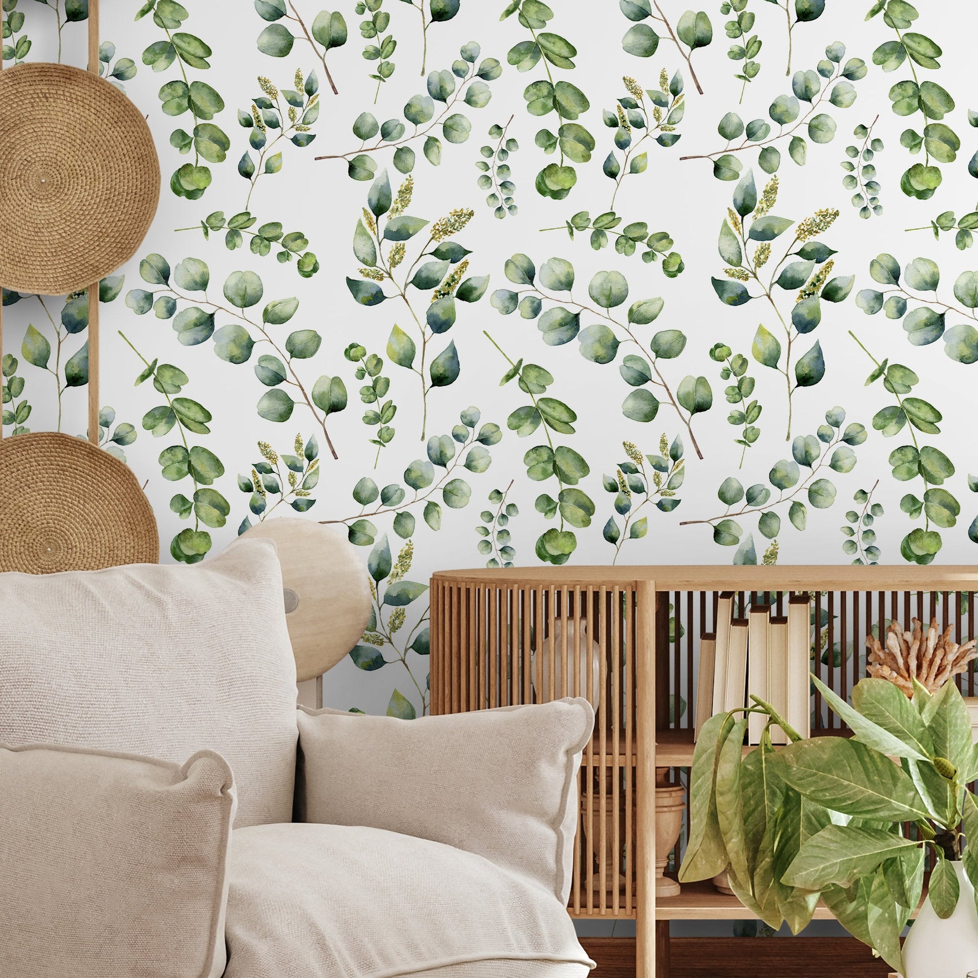 Eucalyptus Removable Wallpaper Temporary Wallpaper Foliage Self Adhesive Peel and Stick Wallpaper Minimalistic Leaves - A649