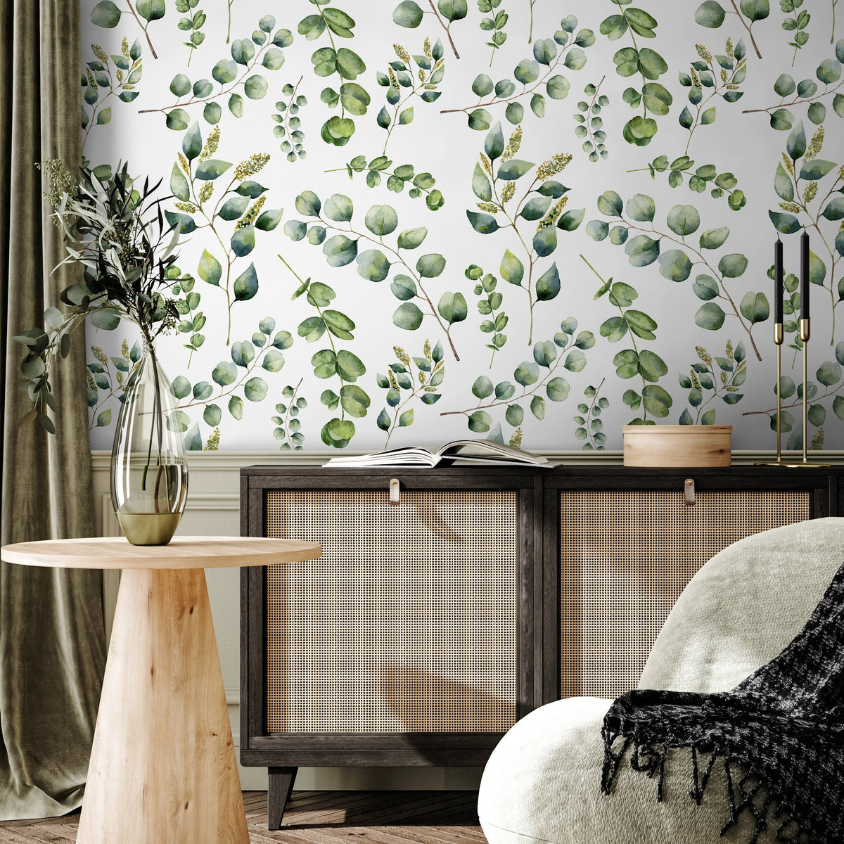 Eucalyptus Removable Wallpaper Temporary Wallpaper Foliage Self Adhesive Peel and Stick Wallpaper Minimalistic Leaves - A649