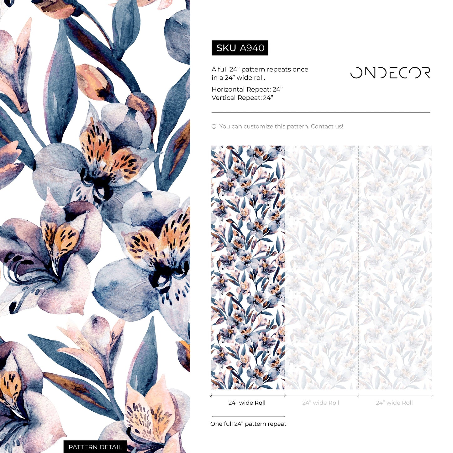 Watercolor Orchid Wallpaper, Removable Wallpaper, Flower Wallpaper, Violet, Print, - A940