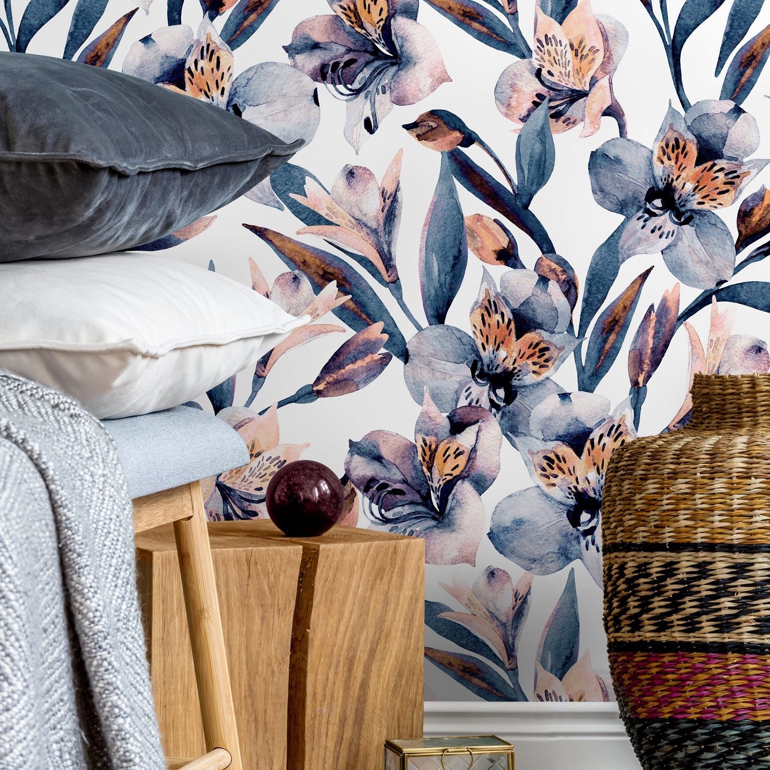 Watercolor Orchid Wallpaper, Removable Wallpaper, Flower Wallpaper, Violet, Print, - A940