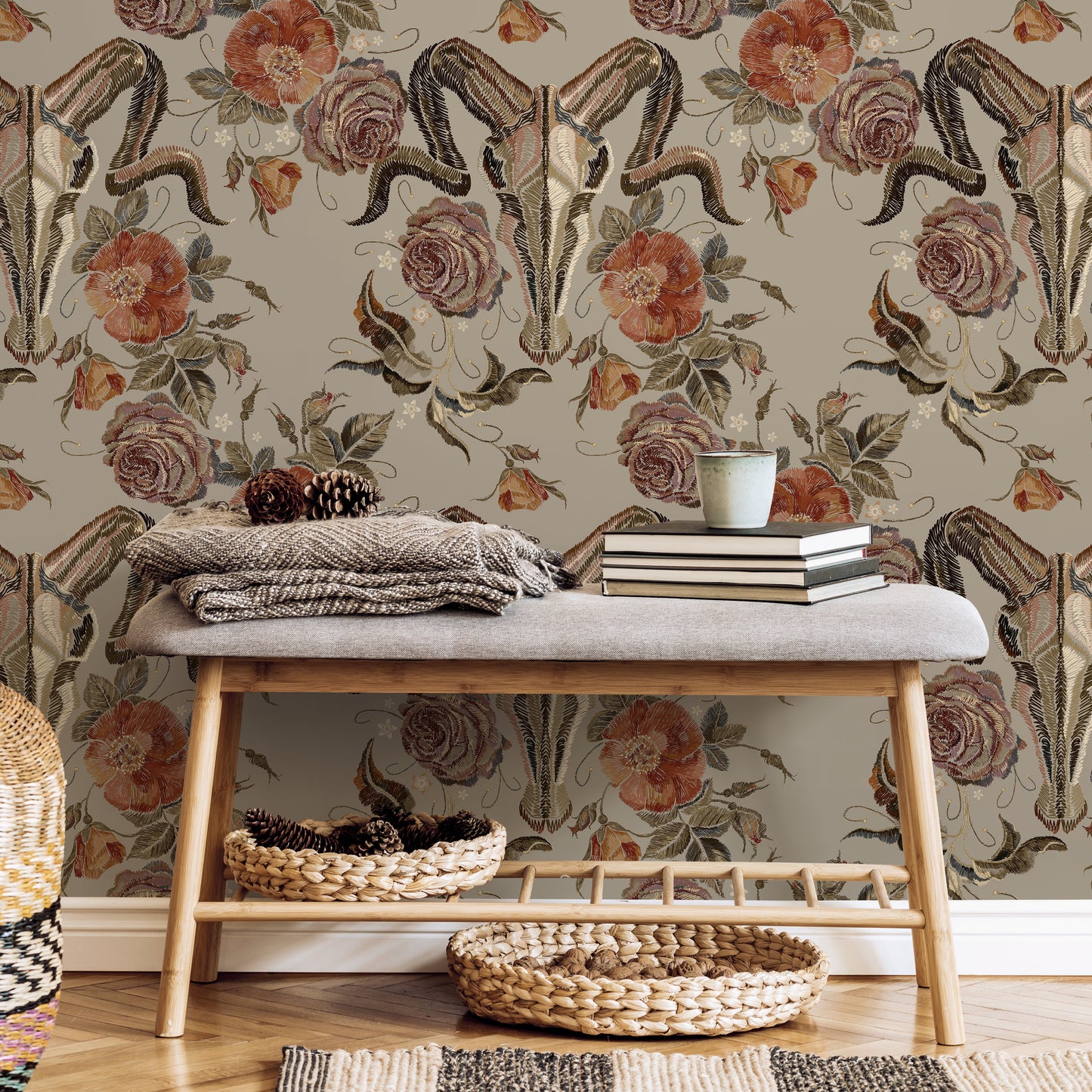 Goat Skull Wallpaper Vintage Floral Wallpaper Peel and Stick and Traditional Wallpaper - D887