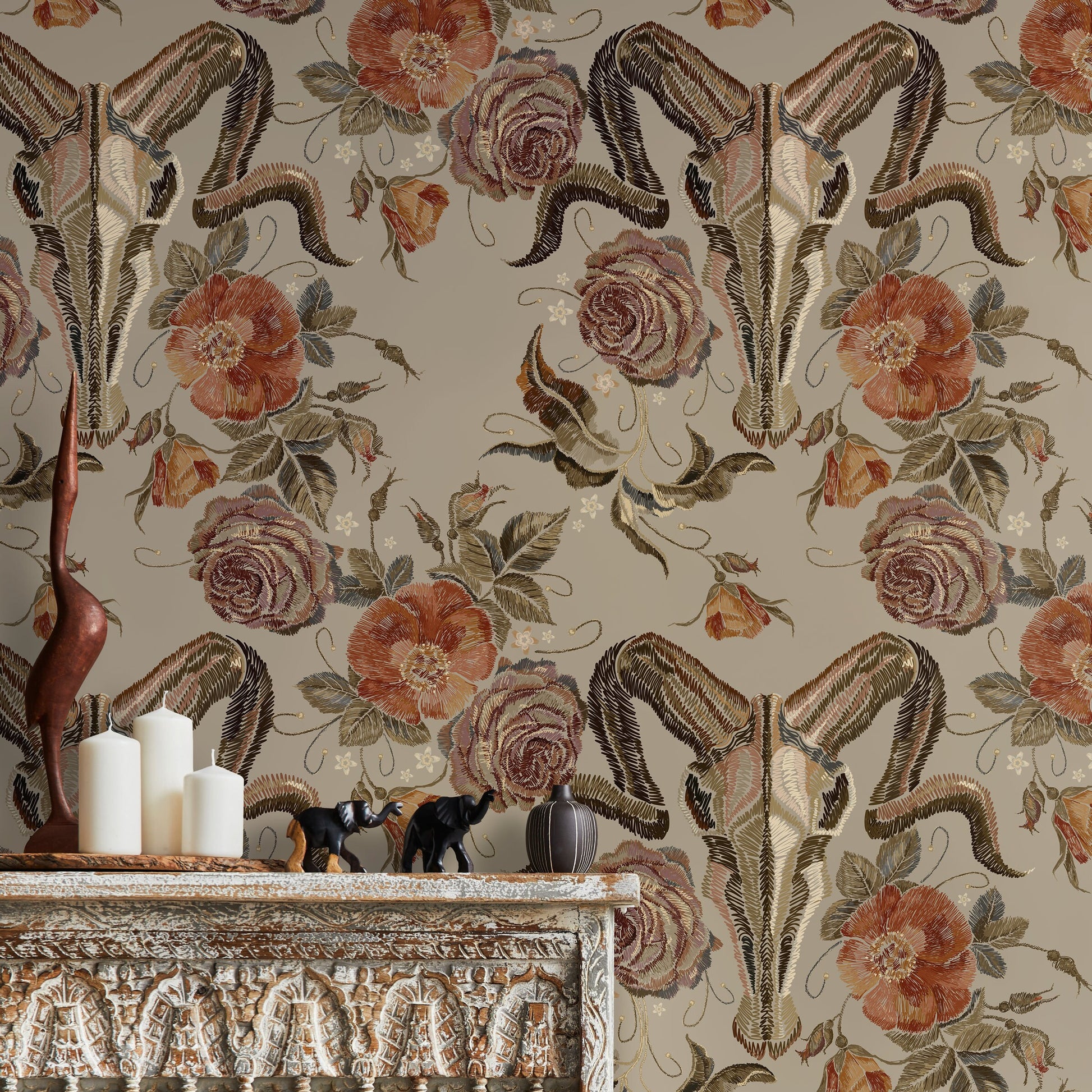 Goat Skull Wallpaper Vintage Floral Wallpaper Peel and Stick and Traditional Wallpaper - D887