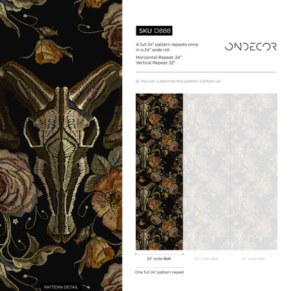 Dark Floral Wallpaper Goat Skull Wallpaper Peel and Stick and Traditional Wallpaper - D888