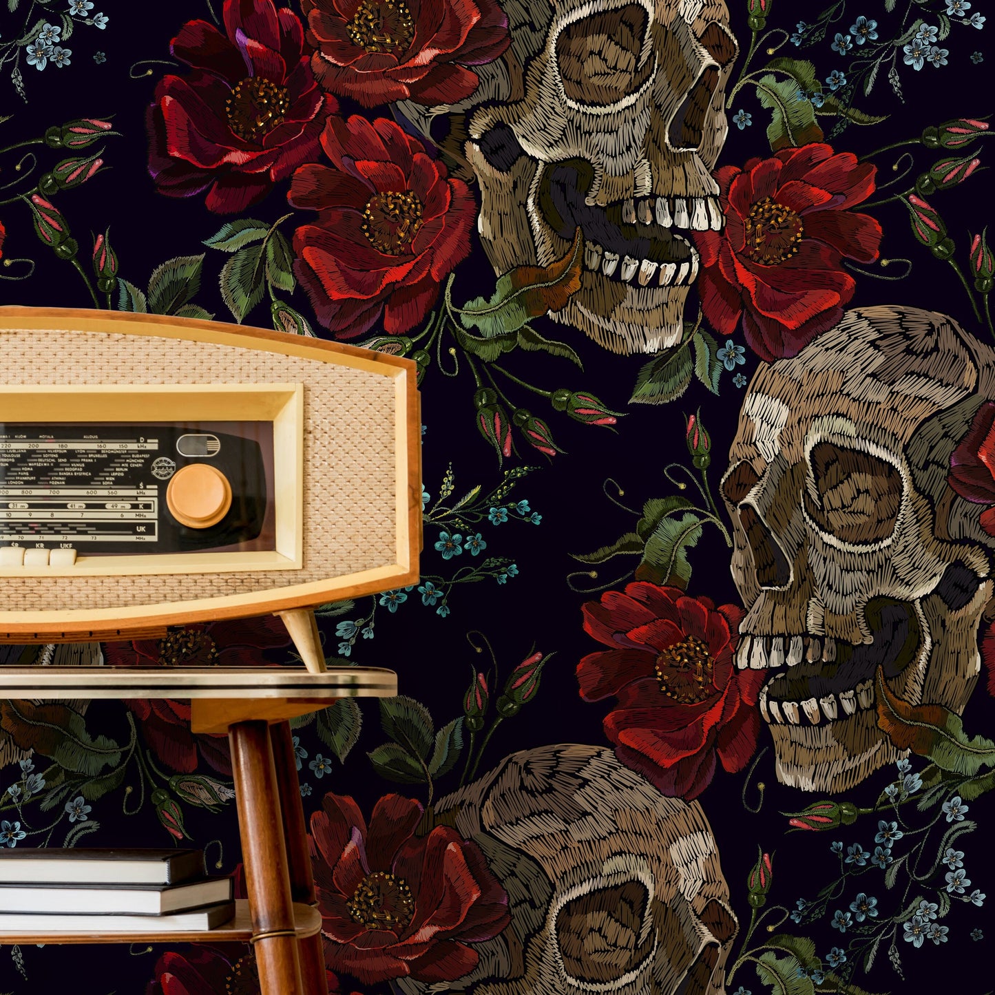 Dark Roses Wallpaper Gothic Skull Wallpaper Peel and Stick and Traditional Wallpaper - D893