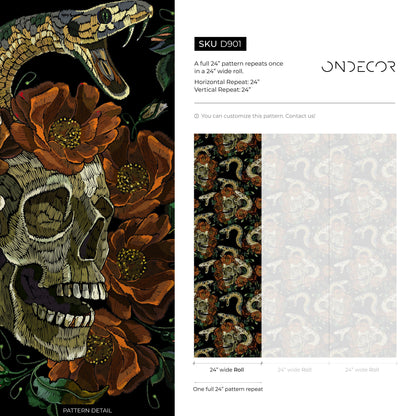 Dark Floral Wallpaper Snake and Skulls Wallpaper Peel and Stick and Traditional Wallpaper - D901