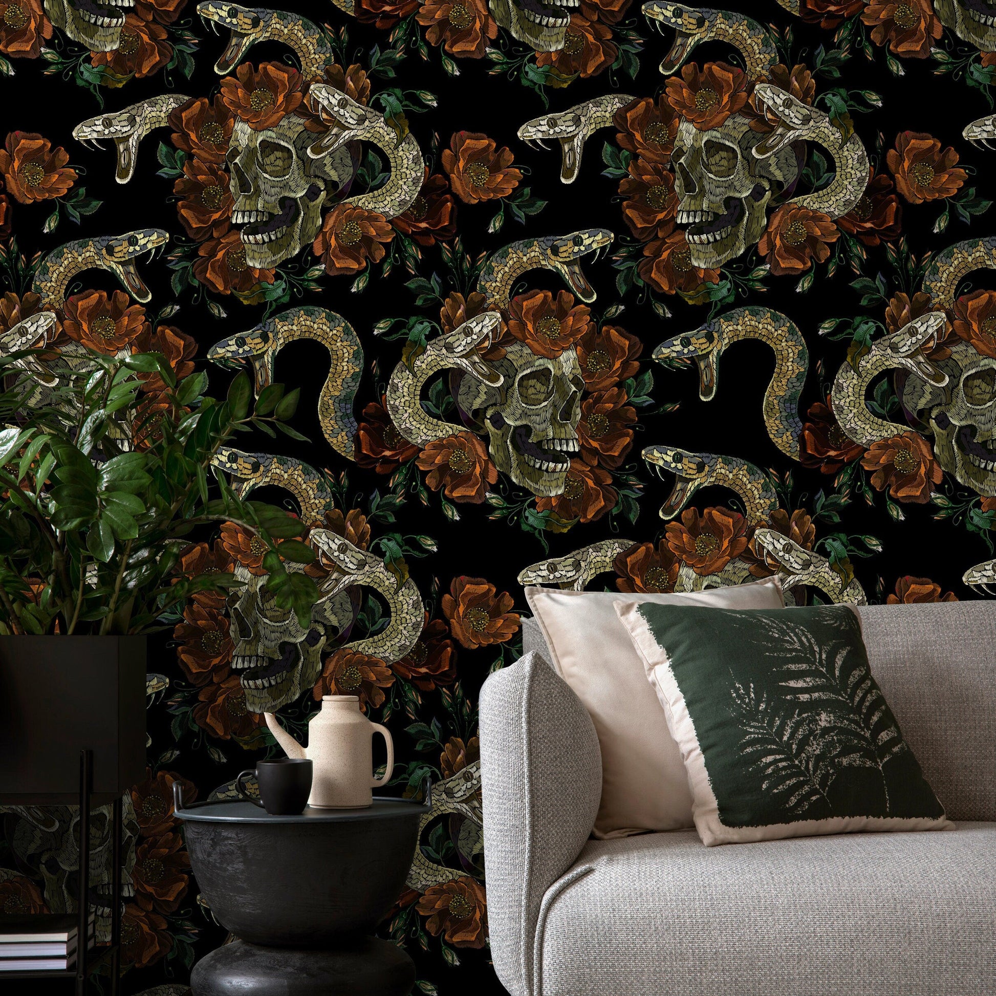 Dark Floral Wallpaper Snake and Skulls Wallpaper Peel and Stick and Traditional Wallpaper - D901