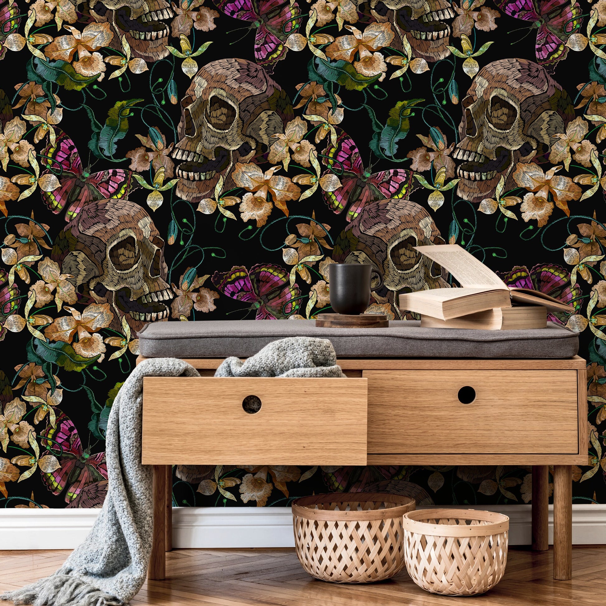 Skull and Butterfly Wallpaper Maximalist Wallpaper Peel and Stick and Traditional Wallpaper - D897
