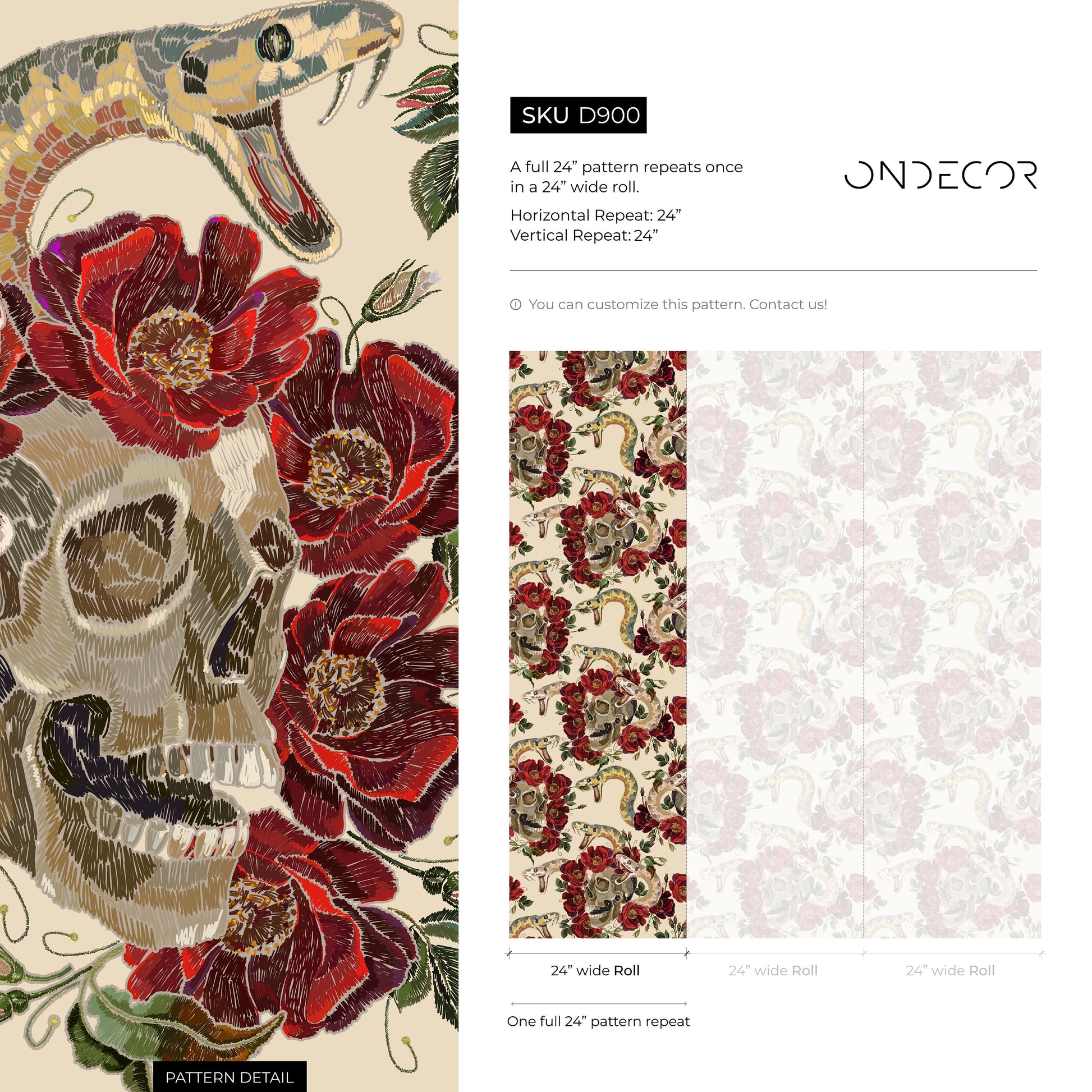Snake Floral Wallpaper Floral Skull Wallpaper Peel and Stick and Traditional Wallpaper - D900