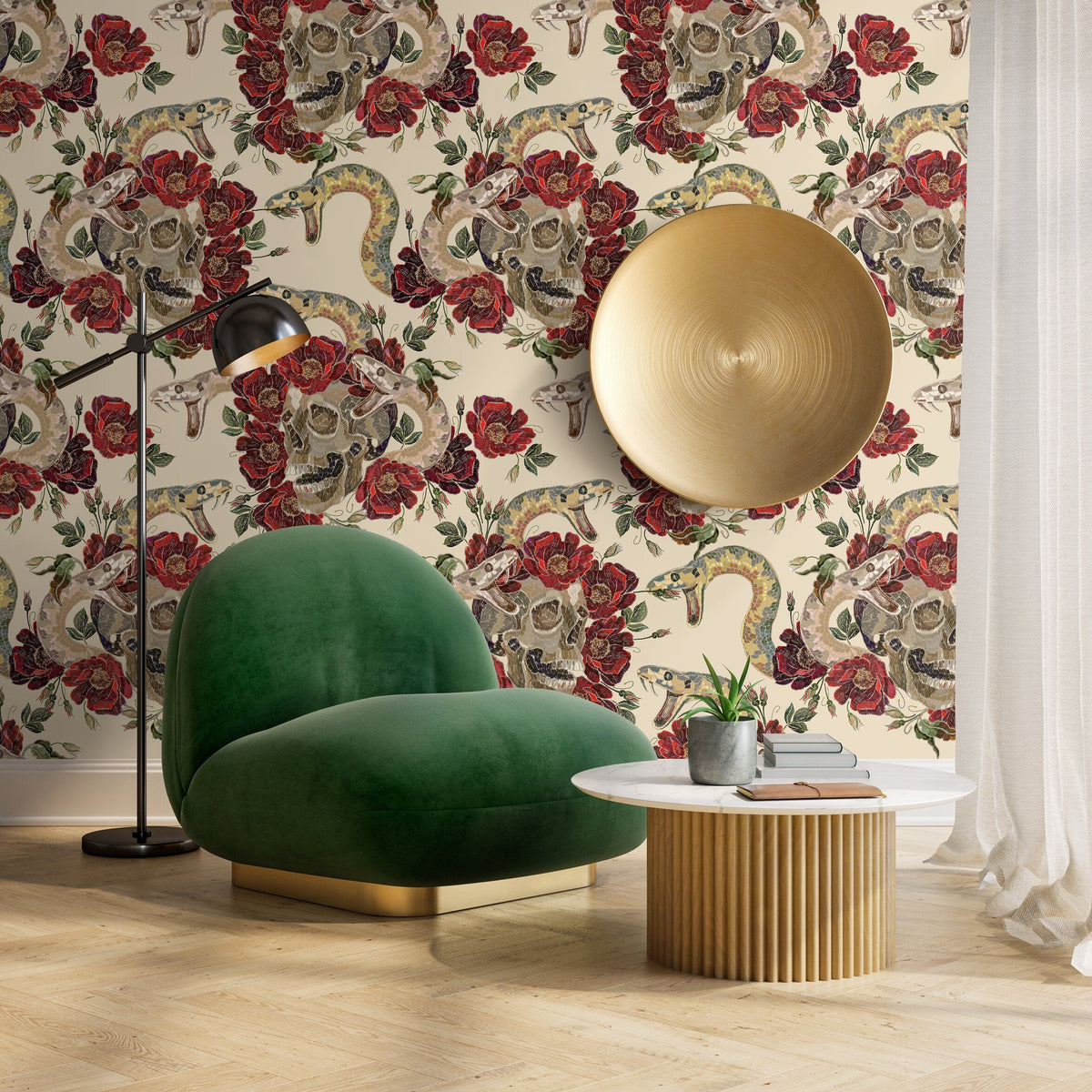 Snake Floral Wallpaper Floral Skull Wallpaper Peel and Stick and Traditional Wallpaper - D900