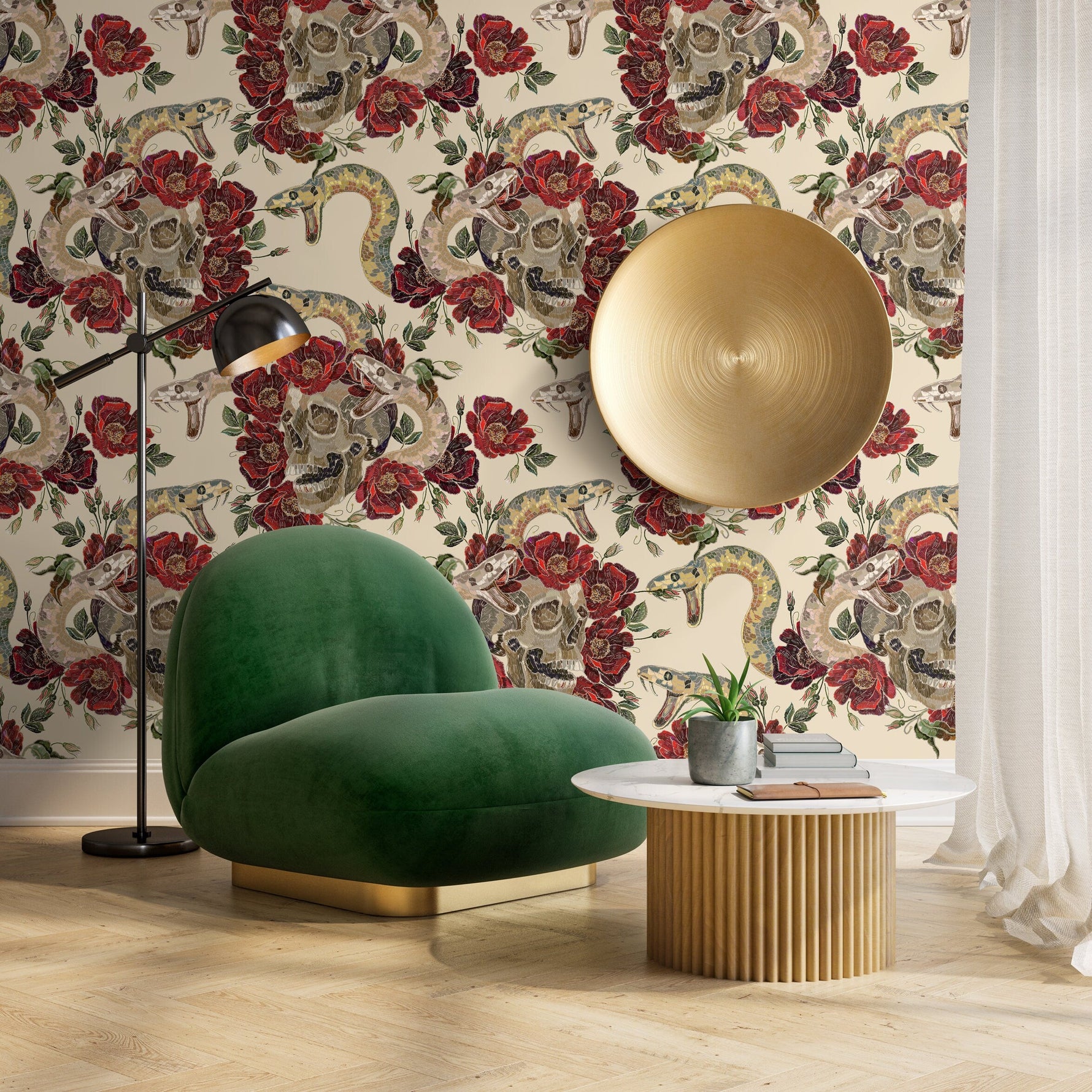 Snake Floral Wallpaper Floral Skull Wallpaper Peel and Stick and Traditional Wallpaper - D900