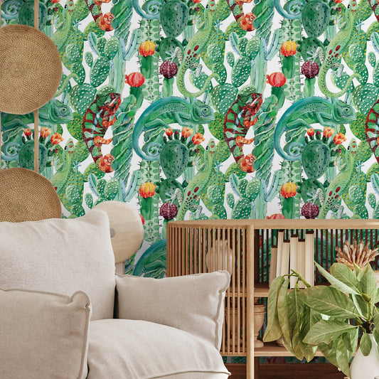 Chameleons Removable Wallpaper, Cactus Wallpaper, Peel and Stick Fabric Wallpaper, Custom Design Wall, Wallpaper Opuntia - A315