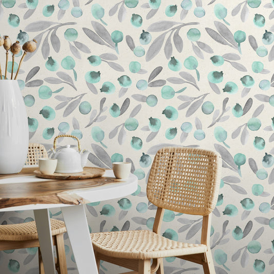 Boho, Removable Wallpaper, Watercolor Leaves, Botanical, Temporary Wallpaper, Spring Pattern, Wall Paper Removable, Wallpaper - A321