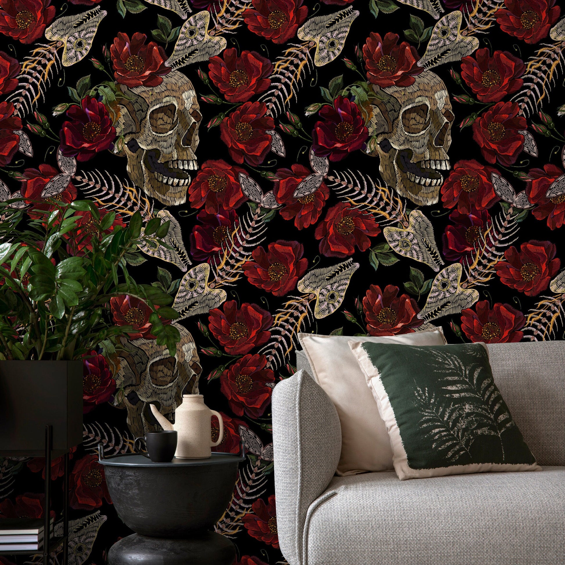 Dark Floral Wallpaper Fish Skeleton and Skull Wallpaper Peel and Stick and Traditional Wallpaper - D914